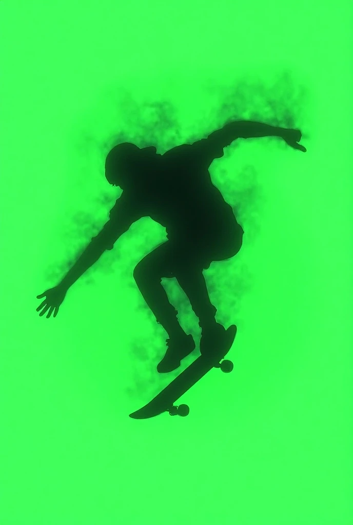 stylized illustration concept art made in vector silhouette effect double exposure smoke of a skateboarder doing a trick against a green background