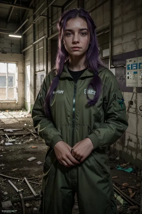 Girl in combenison, Chernobyl exclusion zone, S.T.A.L.K.E.R, purple hair, green eyes, scar above her left eyebrow, unarmed, five fingers on her left hand, five fingers on her right hand, sad.