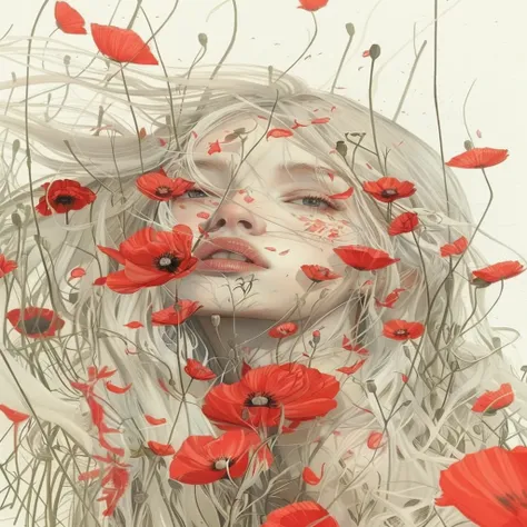 1 girl, Hanahaki, Illness , poppy flowers grow out of her body 1 girl, hanahaki, illness, poppy flowers grow from her body