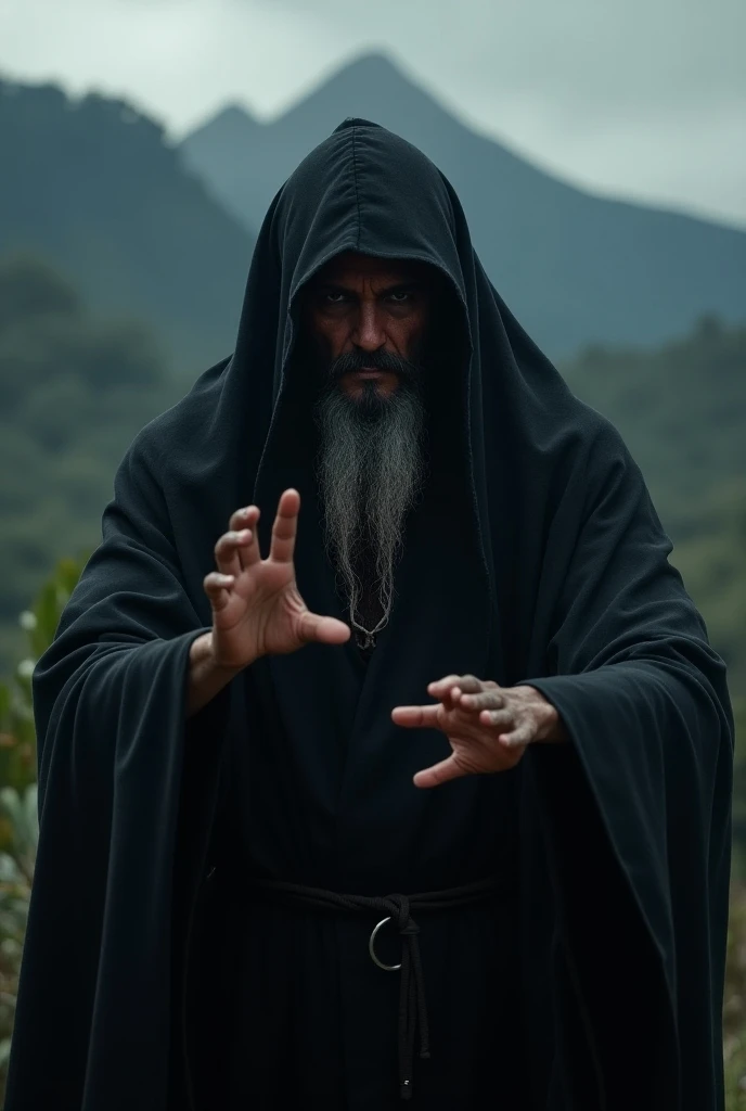 Shaman in a black robe ,  you can only see his face coming out of the shadows and his hands as if he were casting a spell, In the background you can see the mountain of Pionono de Sopó Cundinamarca, hyper realism 