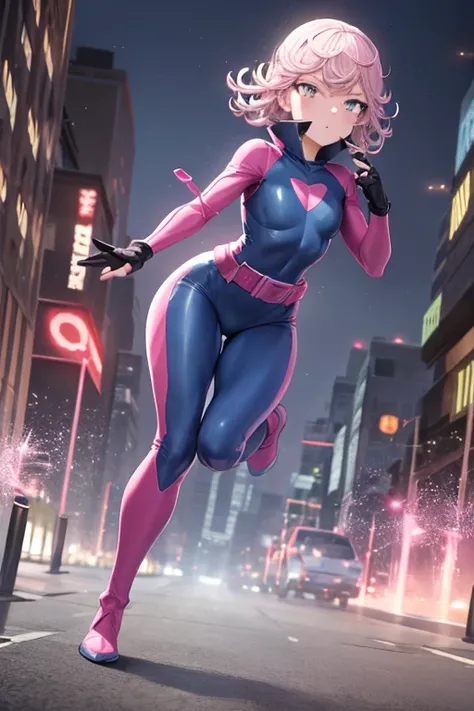 ((best quality)), ((masterpiece)), (detailed), 1 girl, tatsumaki, full body, 20s, young adult, masked, black mask covering her entire head, smooth head, biker helmet, biker helmet with blue headphones on the sides, flashlight on her forehead, short pink ha...