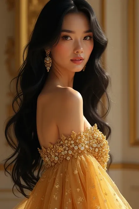 (fanart) Woman in her 30s,  with long black hair and brown eyes . Dressed in a long, gold full-length evening gown
