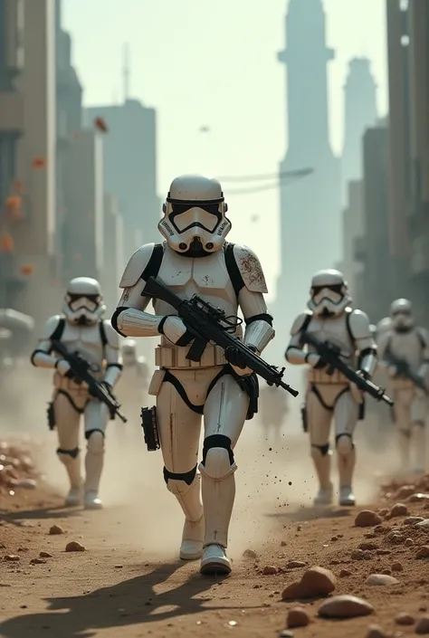 a group of stormtroopers retreating from a futurisric city, detailed armor, weapons, intense battle scene, sci-fi, cinematic lighting, dramatic shadows, moody colors, gritty realism, intricate mechanical details, advanced technology, highly detailed, 8k, p...