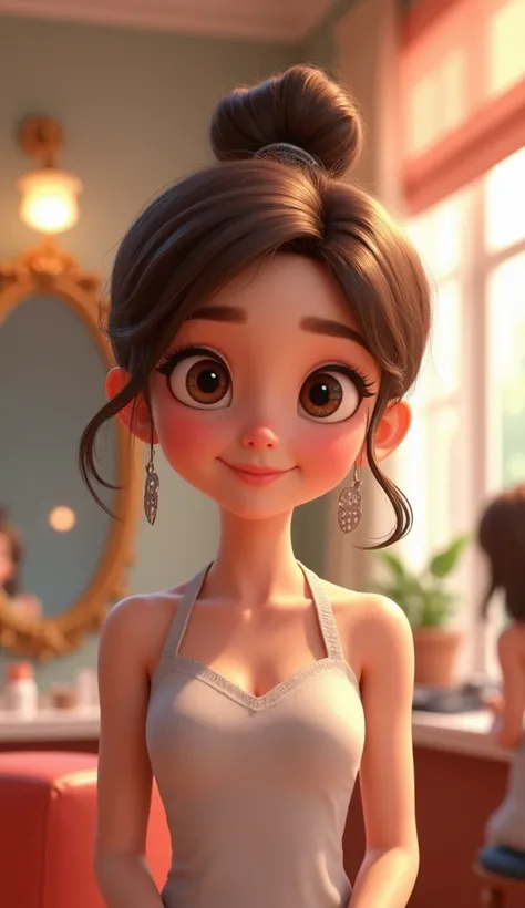 A very clear ultra HD image of "A 20 years woman, in beauty parlour , cute smile expression, Pixar style cartoon."