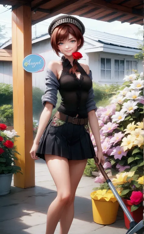 beautiful woman, smiling and standing pose at her home, flower garden nearby, holding a rose, another hand holding a chair, she is in brown hair (+swept-side bang), wears gray half sleeves cardigan, dark-blue sleeveless dress, dark-green mini skirt, hat, B...