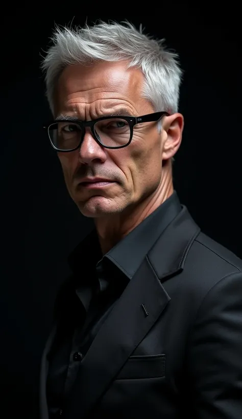 Photo of male model, silver hair, dark glasses, highly detailed faces, skin with pores, 4k, dark suit, plain black background, unsmoothed skin, face left to right, desire in eyes, half profile, frown, looking to the camera, dark shirt,