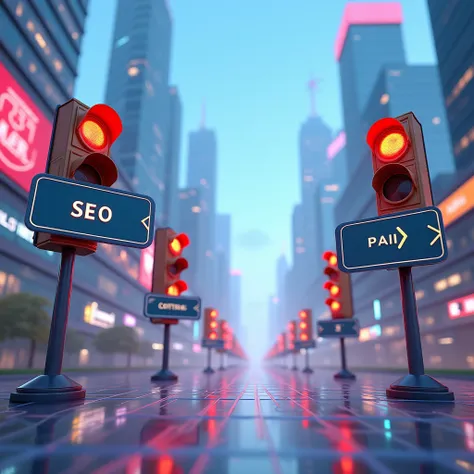 3D art style Generate an image of traffic lights and signs guiding digital visitors to a website, with different signs labeled SEO, social media, and paid ads.