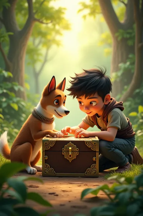 A boy and a dog, trying to open a treasure chest