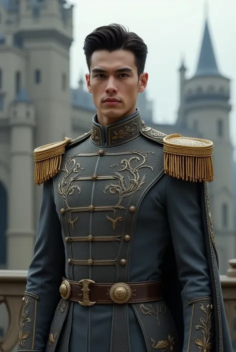 A young man wearing a gray imperial military costume with gold epaulets and his name (A costume with a fantasy pattern )،( Royal costume )، (handsome male) stands in front of the palace balcony with the castle towers behind him, a majestic posture, a hands...