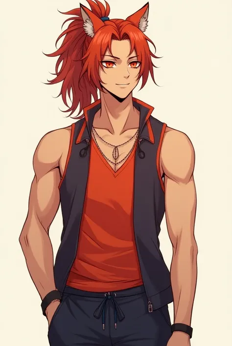 Manga-style full body image, of a handsome and attractive man ,  half human male and half feline male,  with long red hair tied in a ponytail,  red eyes , tall physical size , Strong and in shape,  with a charming smile and confident look,  and wearing sle...