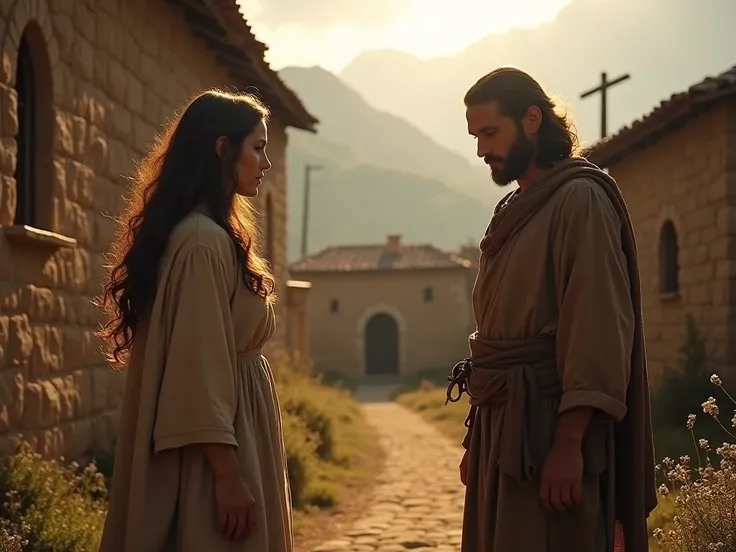  An emotional scene in an old village , where Marta ,  a woman with long hair and simple dress ,  approaches Jesus ,  a man in long clothes and a compassionate expression. In the background,  the atmosphere is one of sadness ,  with stone houses and a moun...