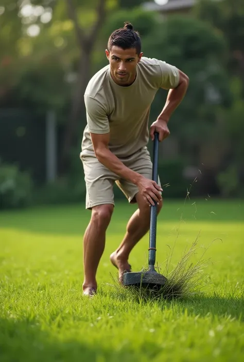 Ronaldo is cutting grass with asian hand grass cutter