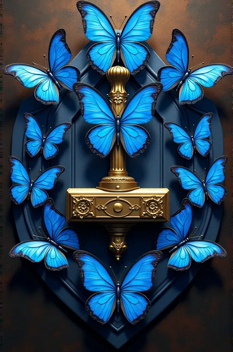 Thors hammer coat of arms and bright blue butterflies