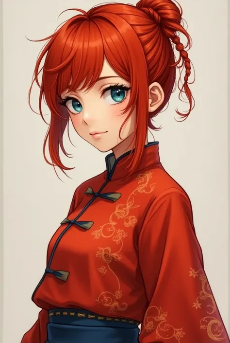 Young mixed japanese-american woman with ((( red hair))), messy short hime hairstyle with bangs ((tied in one braid ))blue eyes, wearing girl ranma traditional chinesse long sleeve red shirt And blue pants