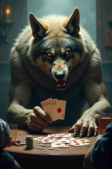 Angry wolf playing cards