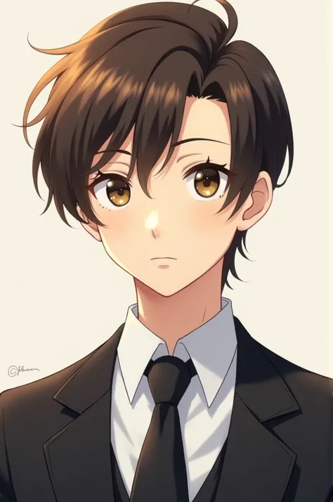  Anime boy ,  brown eyes, Forward hair, male sex, usa a formal attire, 