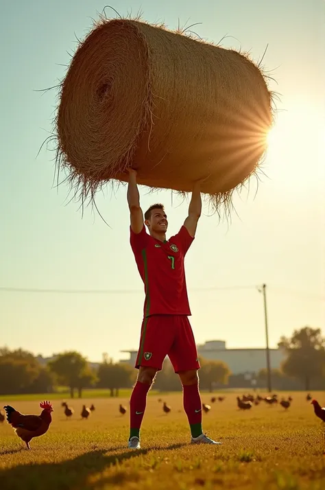 Cristiano Ronaldo is lifting a giant hay bale over his head in a sunlit field. He’s dressed in his classic Portugal football jersey, grinning as he shows off his strength. A few chickens scatter in the background, surprised by his power. The scene has a pl...