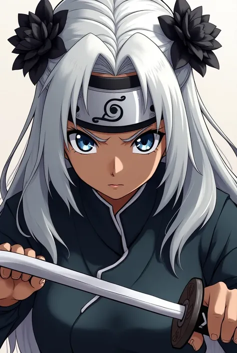  Anime-style comic panel female anime-style character with a serious appearance .  She has dark skin and long white hair ,  with black details on the tips and two black flowers adorning the hair on the sides of her head.  Her eyes are large and expressive ...