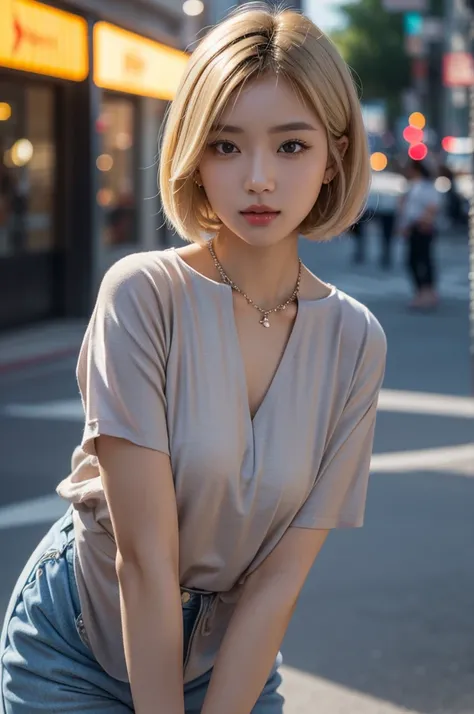 Curled bob cut, platinum hair woman in orange collared shirt posing to take photo in city, 8K artgerm Bokeh, well-proportioned body, beautiful korean woman, gorgeous necklace, beautiful young korean woman, soft portrait shot 8 K, korean girl, double and na...