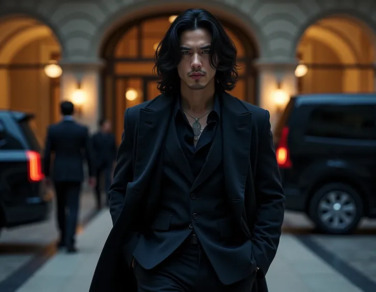 Half-profile view, Realistic Illustration,  full body portrait .  Aesthetic and cinematic image . A well-stocked Korean man , high,  handsome and dominant . It&#39;s night time, darkness.  With long black hair wavy up to his shoulders,  and some wavy hair ...