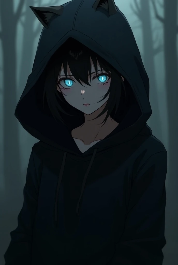 Anime girl, black semi short hair with wolf cut hair, wearing black hoodie, her eyes color glowing light blue, a warrior girl type, cold emotions type