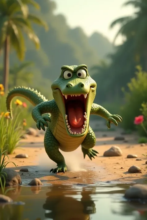 3D pixar style A crocodile is scared and running towards the water.