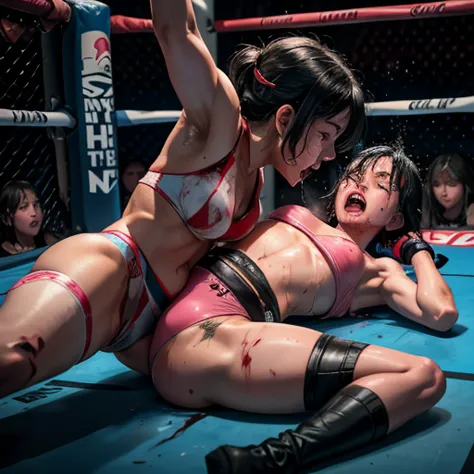 (two) girl fighters are fighting. a (bloody) beautiful japanese high school girl fighter was knocked down. the opponent punches ...