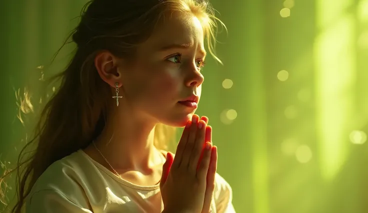 A beautiful blonde girl 13yo, in left side, wearing cross earrings,feeling sad while praying and elegantly wrapping around her hands in a prayer position, hands raised in worship, tears glistening on her cheeks sitting with A lime shiny, who is the of gala...