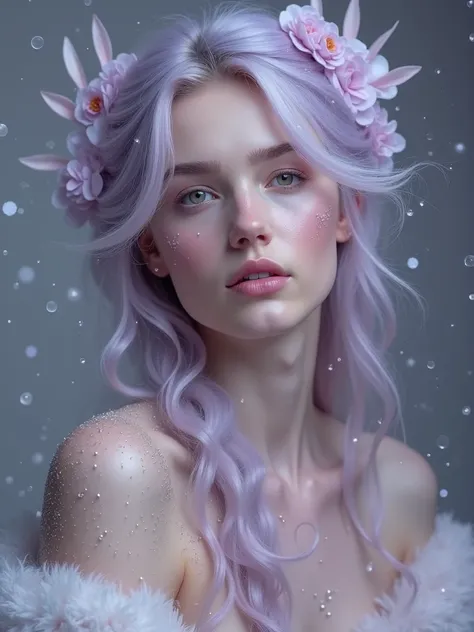 Lydia representation in clouds of aphrodite, cheveux long mauve, Aphrodite thème, déesse grecques, divine outfit, photo dans les tons blanc et mauve,  photoshoot magazine, divine goddess scenery, sparkle effect