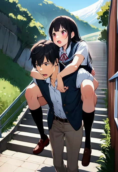 1 boy carries 1 woman, stairs, Piggyback, school uniform.