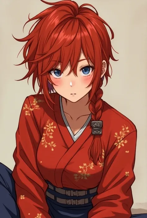 Young mixed japanese-american woman with ((( red hair))), messy short hime hairstyle with bangs ((tied in one braid ))blue eyes, wearing girl ranma traditional chinesse long sleeve red shirt And blue pants