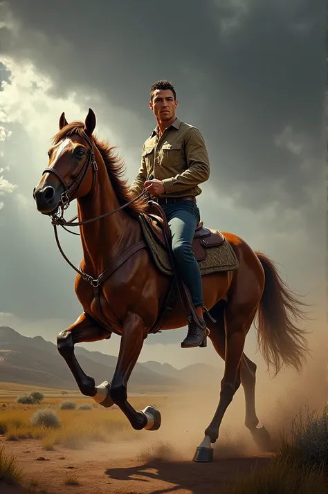 Cristiano rides a horse and wears a gun
