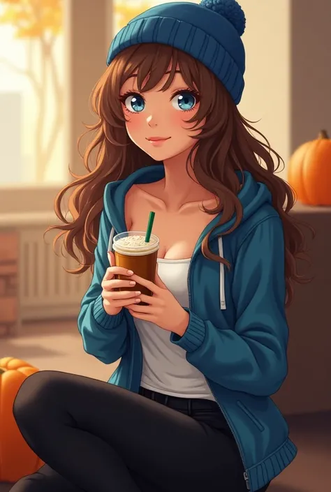 Anime-inspired style. A woman with Wavy brown hair and blue eyes. Shes drinking her Pumpkin Spice Latte. Shes wearing a blue beanie, blue open jacket, white low-cut tank top, tight black leggings and brown Ugg boots. Her appearance reflects her carefree an...