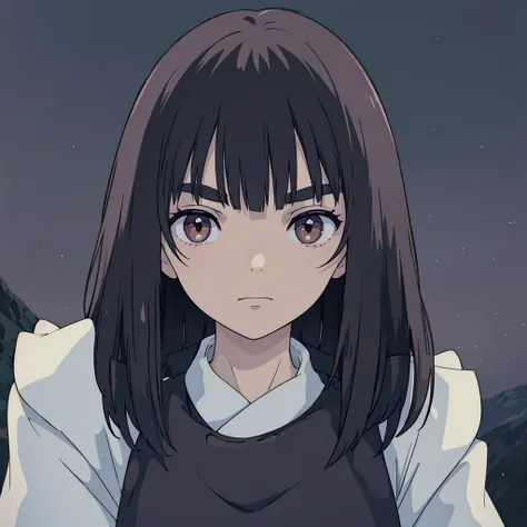  A girl with pale skin and medium black hair with bangs above the eyebrows and brown eyes, Against the background of the night,  of the wet sky looking at the viewer .  Her eyes are emotionless , her eyebrows are relaxed .