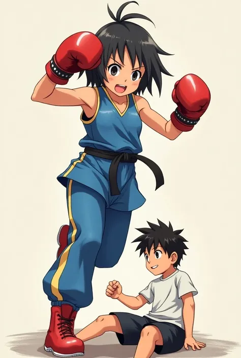 A japanese little kickboxing girl in blue sleeveless boxing outfit swinging her arms in air showing her armpits after beating a boy and a boy is on the ground away from her and smiling his mouth is  and he is looking innocent 