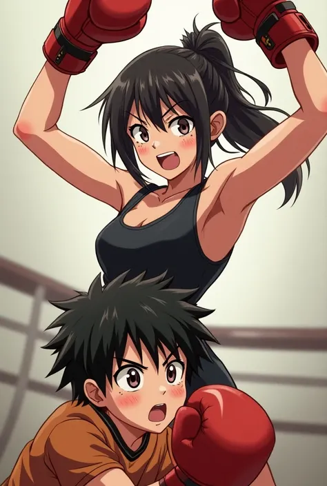 A japanese anime ue sleeveless boxing outfit swinging her arms in air after beating a boy in the fight and the boy is on the ground looking innocent 