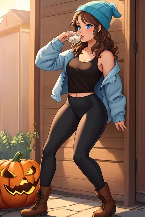 (masterpiece:1.2), (best quality:1.2), cute cartoon style, soft pastel colors, warm lighting, vibrant colors, digital painting, A woman with Wavy brown hair and blue eyes. Shes drinking her Pumpkin Spice Latte. Shes wearing a blue beanie, blue open jacket,...