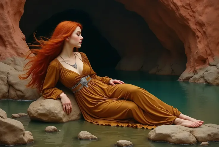 Une image incroyable dune jeune fille persane portant une robe marron,  a silver necklace on his chest and his long red hair scattered in the wind,  sleeping on the rocks by the river .  On both sides of the river are mountains in the shape . Of red rocks ...