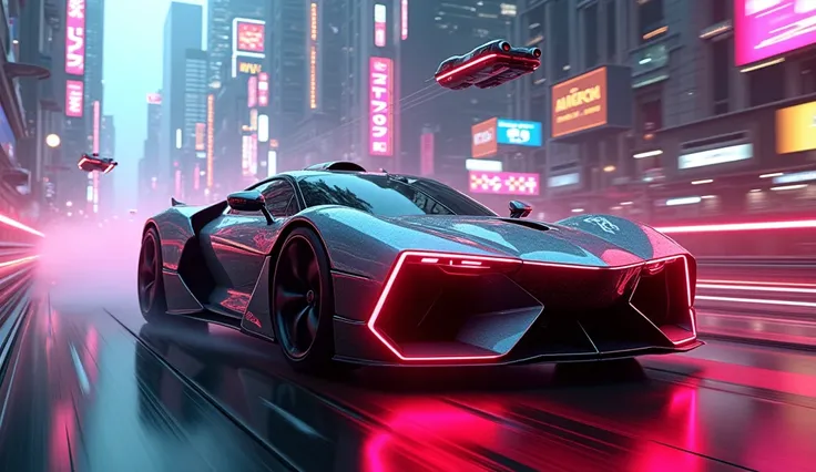 cyberpunk car, super car, neon light, Flying Cars, car chase scene, cyberpunk city,