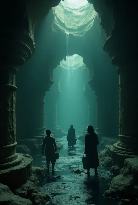  Underground city with a thousand wells and inhabitants drawing water with buckets,And what are the buckets you can see a shadow that looks like a god 