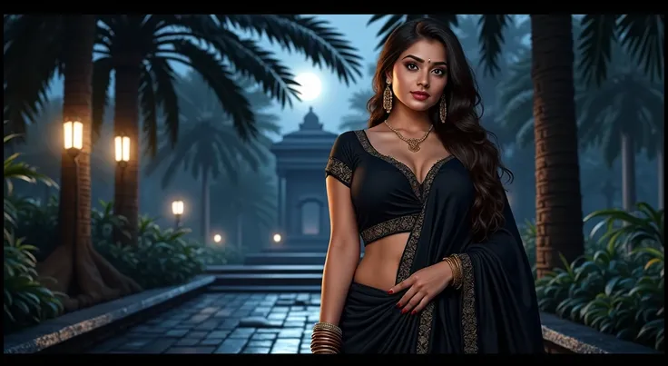 Bhabi named Shreya Sarkar, ((Age 35)),deep cleavage, 4k, ultra realistic, moonlight night, big , wide hips, walking in a moonlit courtyard, forest background, mythival forest, huge trees, exotic girl, indian, vivacious, looking at the viewer, shining skin,...