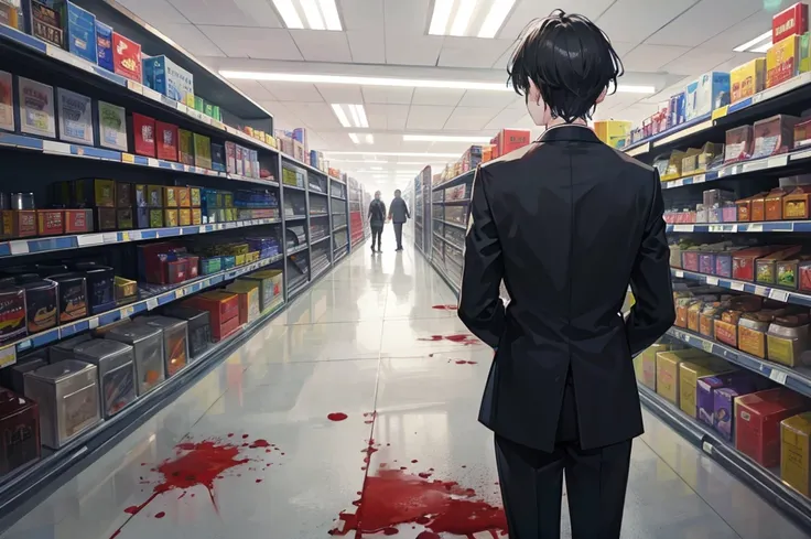 man with his back in a black suit in an abandoned supermarket with his clothes stained with blood