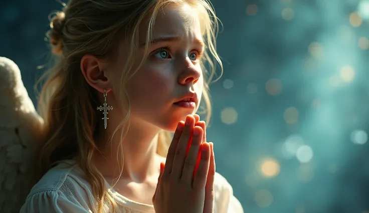 A beautiful blonde girl 13yo, in left side, wearing cross earrings,feeling sad while praying and elegantly wrapping around her hands in a prayer position, hands raised in worship, tears glistening on her cheeks sitting with A coral blue shiny, who is the o...