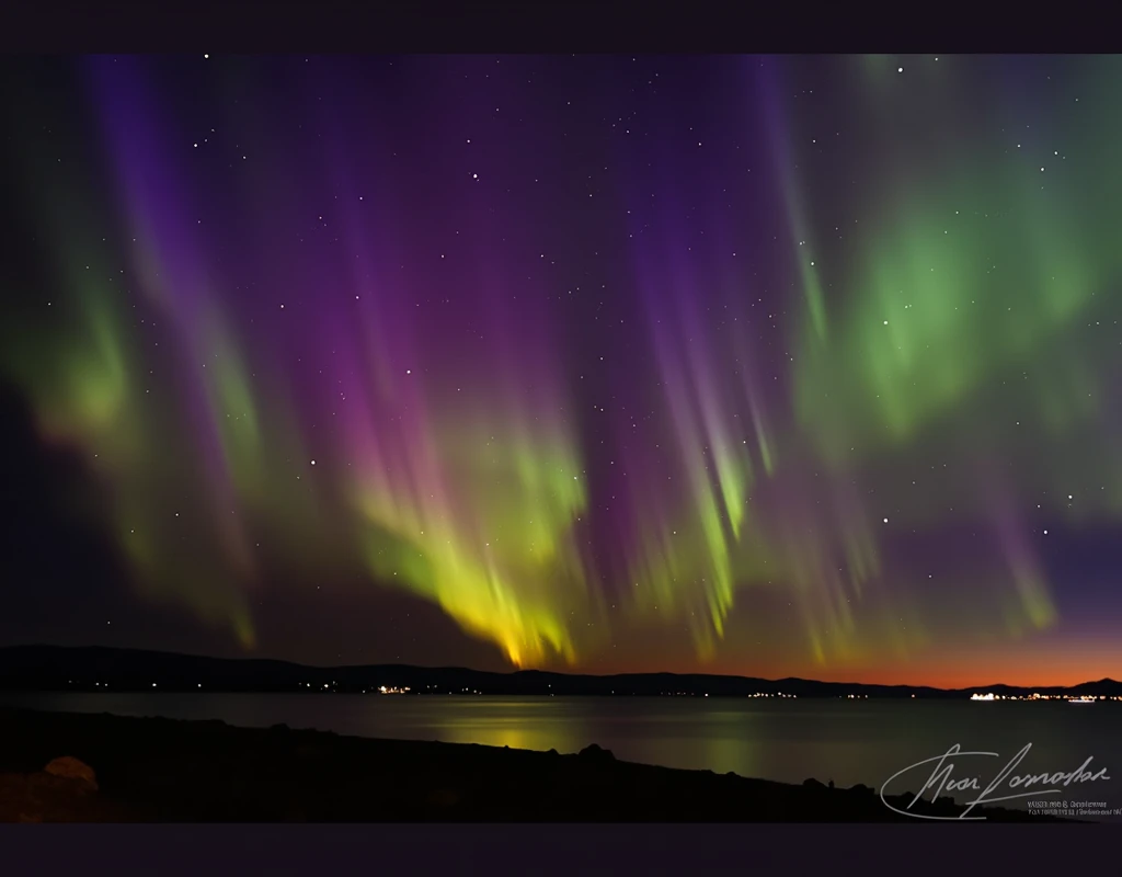 a majestic northern lights, aurora borealis, calm nordic sea, rocky coastline, dramatic sky, colorful magical lights, serene atmosphere, cinematic composition, eerie mood, glowing celestial phenomenon, dramatic lighting, breathtaking scenery, atmospheric h...