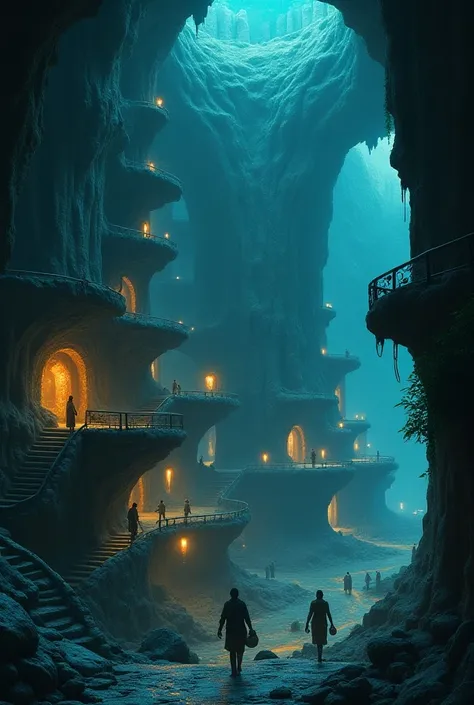 Underground city with a thousand wells and inhabitants drawing water 