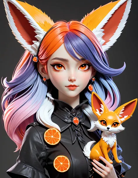 3dmm,a young gothic woman,3d render of a beautiful girl with multicolor hair and fennec fox long ears, (fennec), kawaii, black and red color palette, orange slices, orange sugar candy, dusdjajkda, 3DMM