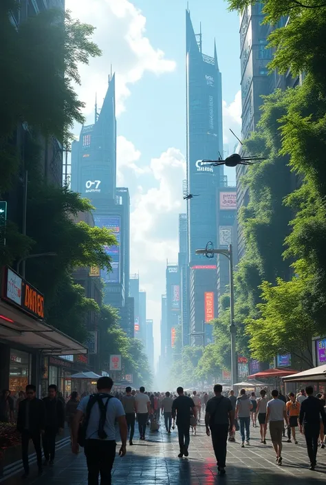 A breathtaking photograph of a futuristic cityscape, soaring skyscrapers with holographic advertisements, vibrant neon lights illuminating the streets, bustling with diverse characters, lush greenery integrated into architecture, flying vehicles above, cin...