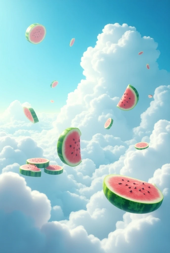 a stylised and fantasy environment, above the sky, in the clouds, blue sky and white clouds, floating whole watermelon and watermelon pieces, some forming a path and platforms that can be walked on