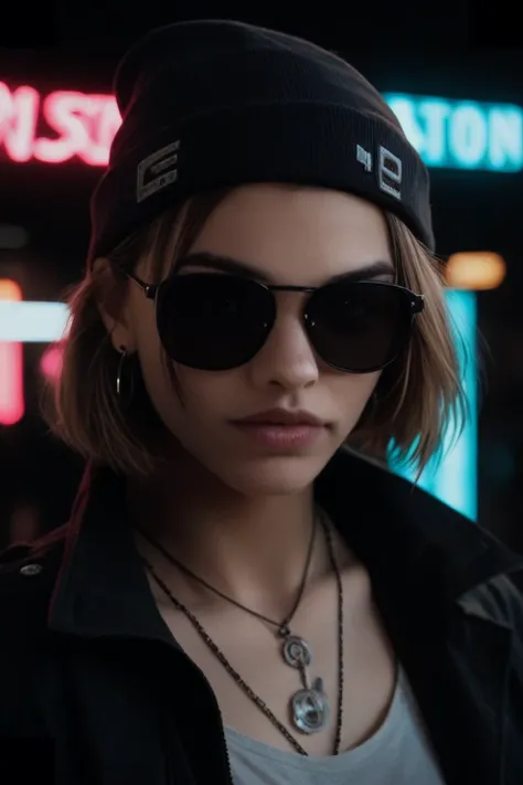 Face close up, alternative girl, watching over black sunglasses, jacket, necklace, neon light reflections on skin, ear ring, makeup, skin imperfection, short hair, beanie, neon lights background, low light, depth of field, highly detailed, high contrast, f...