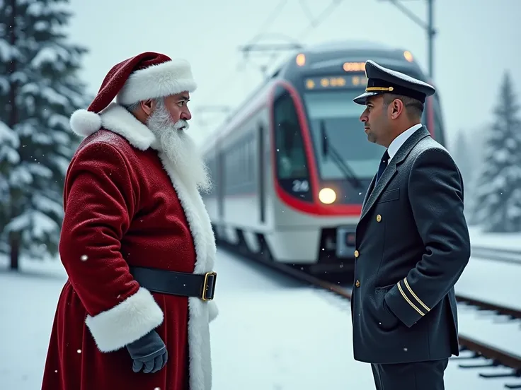 Santa Claus scolds the railway chief near a snow-covered electric train